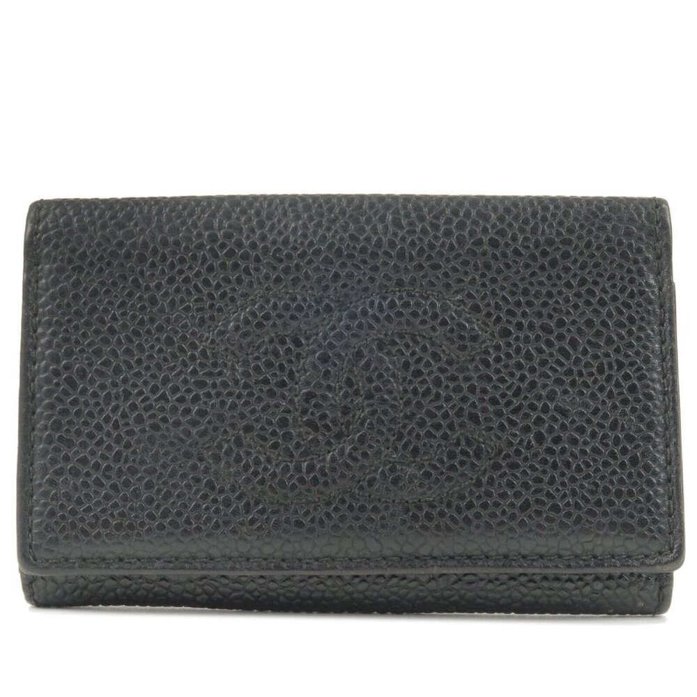 Auth CHANEL 6 Rings Key Case Key Holder Black Caviar Skin
